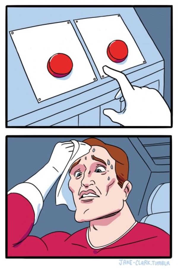Two Buttons meme about Ayoh Foods