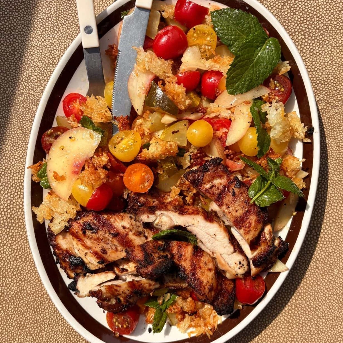 Dill pickle chicken with nectarine and crispy rice salad